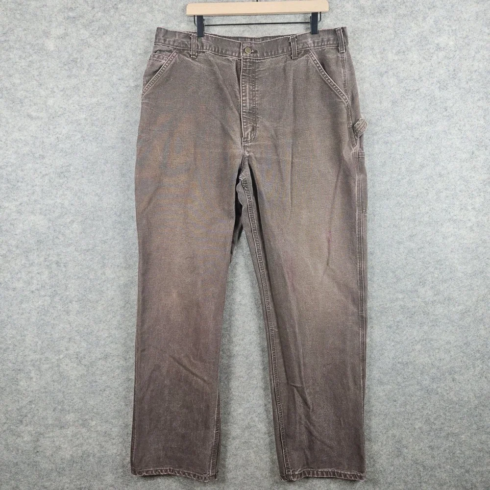 Carhartt Men's Brown Canvas Carpenter Pants Size 38x33 Workwear Faded Distressed
